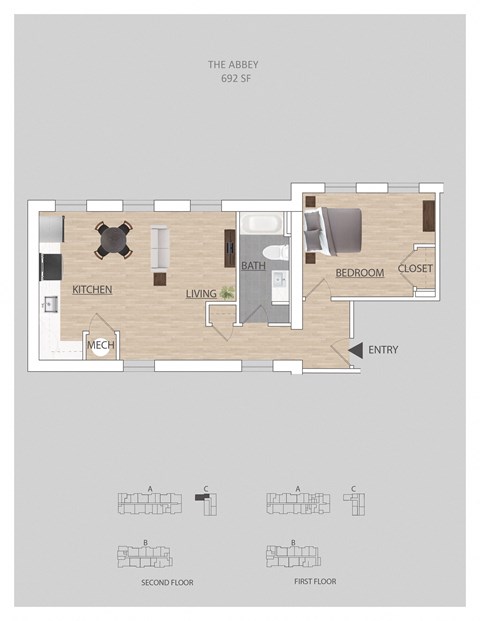Floor plan for 1 bed, 1 bath, 600 sqft